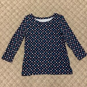 Croft & Borrow Navy Blue Teal White Polka Dot 3/4 Sleeve Knit Top * Size S